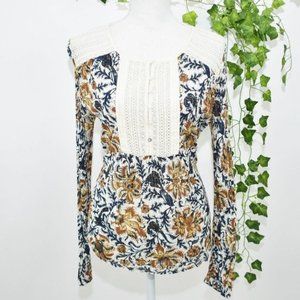 Lucky Brand tan peasant floral boho lace top S
